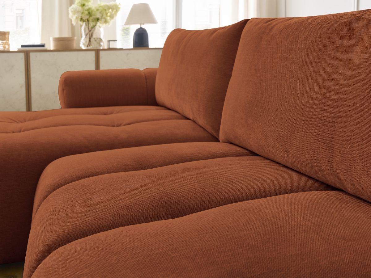 Bobochic Fuji Ecksofa mit Schlaffunktion und Bettkasten und Pouf 292 × 160 cm Stoff Orange Ecke links