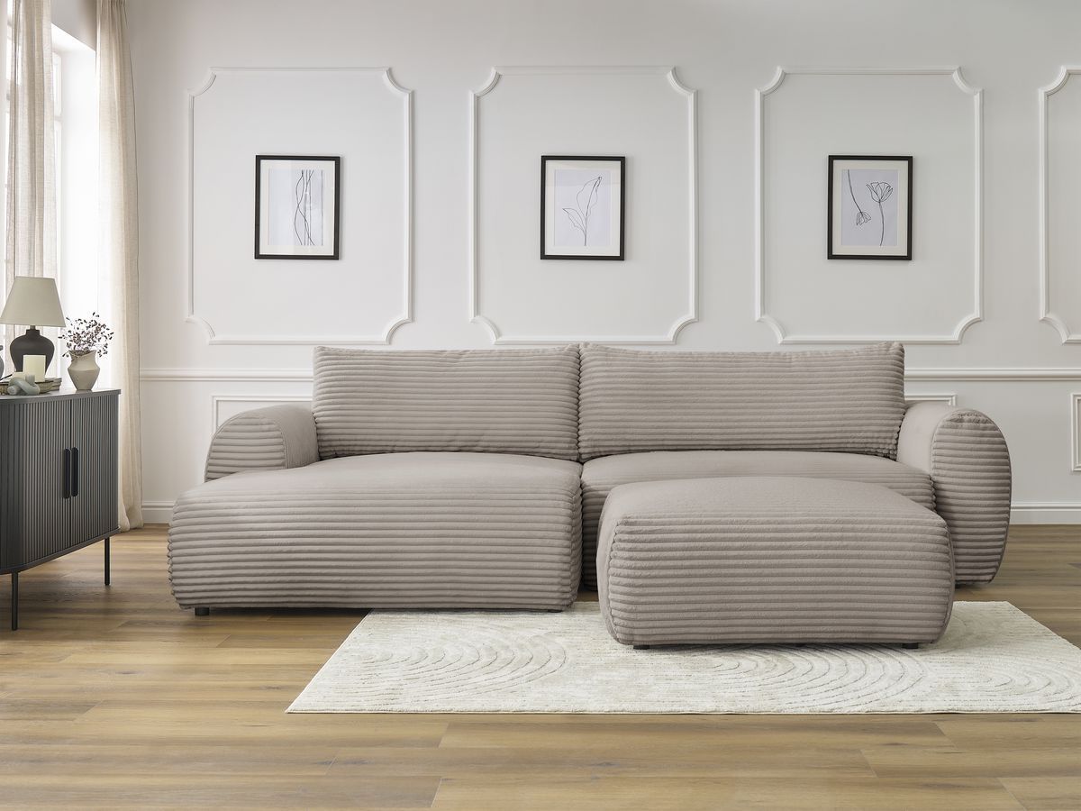 Bobochic Lucien Ecksofa mit Schlaffunktion und Bettkasten und Pouf 314 × 167 cm Breitcord weich Taupe Ecke links