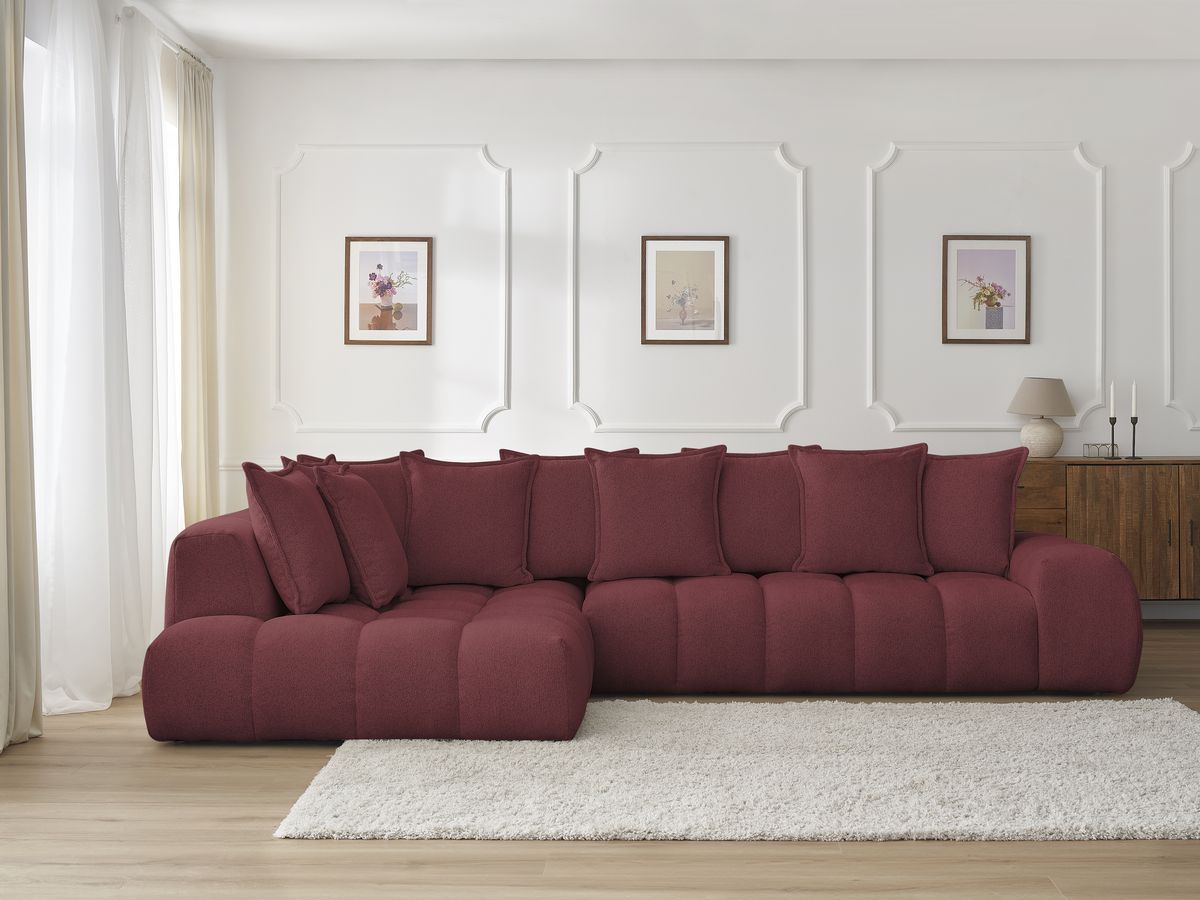 Bobochic Everest Ecksofa, 10 Kissen Melange-Stoff Rot Ecke links
