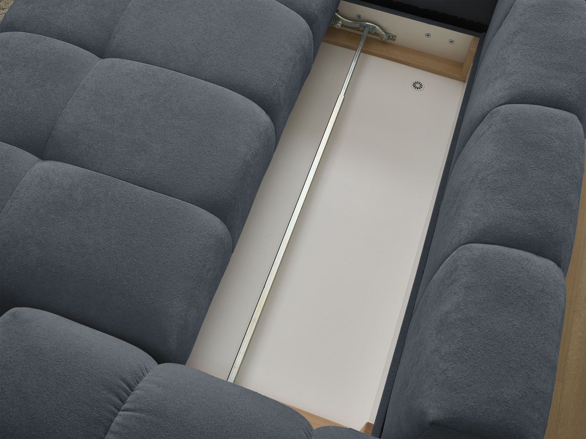 Bobochic Everest Ecksofa mit Schlaffunktion und Bettkasten und Pouf 320 × 212 cm, 5 Kissen Strukturstoff Dunkelblau Ecke links