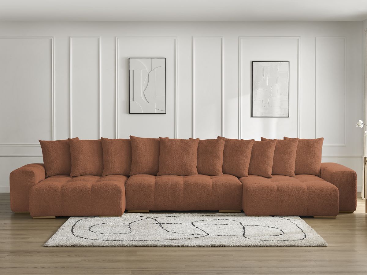 Bobochic Anakin Wohnlandschaft, Liegefläche 137 × 382 cm, 10 Kissen Bouclé-Stoff Orange