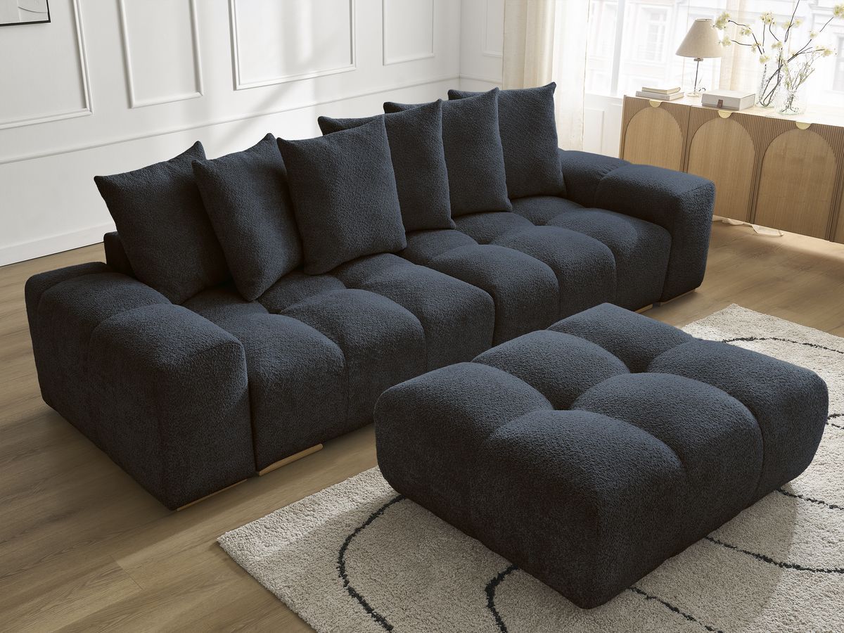 Bobochic Anakin Sofa 3-Sitzer mit Pouf, 6 Kissen Bouclé-Stoff Dunkelblau
