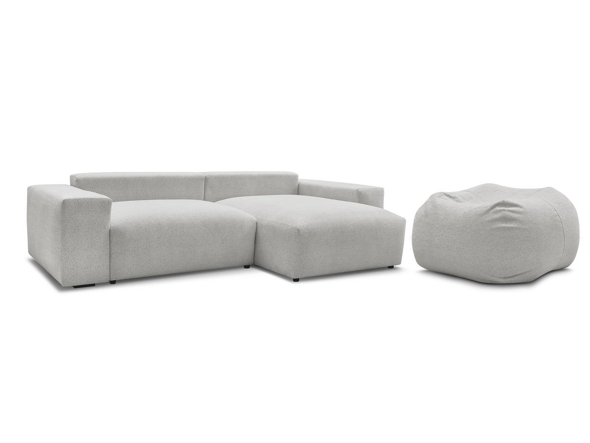 Bobochic Voltaire Ecksofa mit Schlaffunktion und Bettkasten und Pouf Melange-Stoff Hellgrau