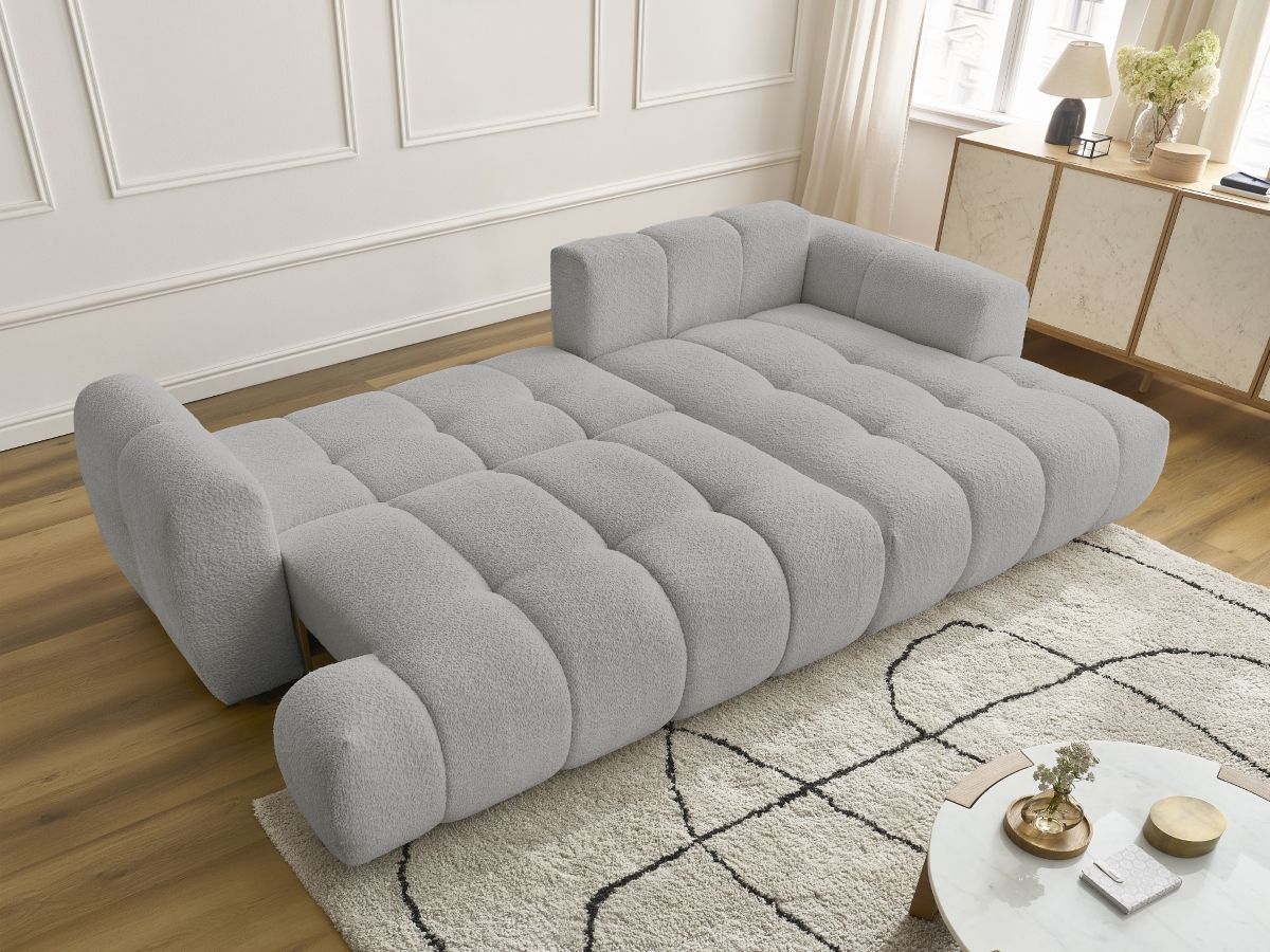 Bobochic Fuji Ecksofa mit Schlaffunktion und Bettkasten 292 × 160 cm Bouclé-Stoff Hellgrau Ecke rechts