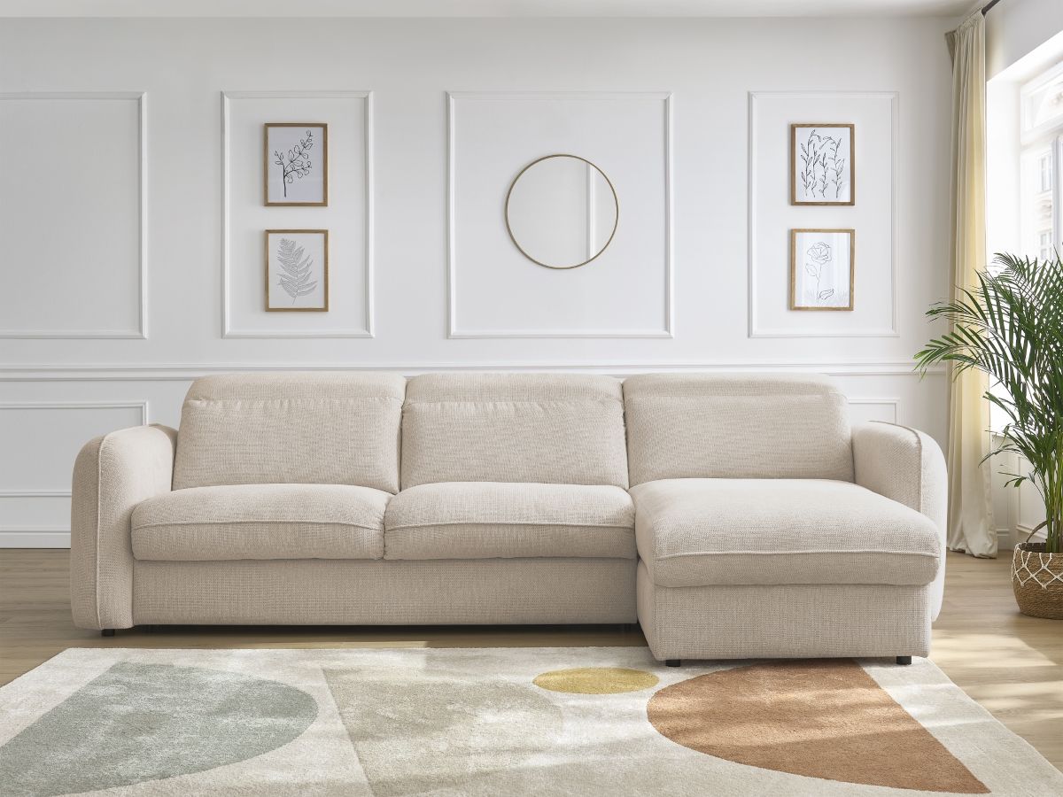 Bobochic Achille Ecksofa mit Schlaffunktion und Bettkasten Melange-Stoff Beige, Liegefläche 140 × 200 cm