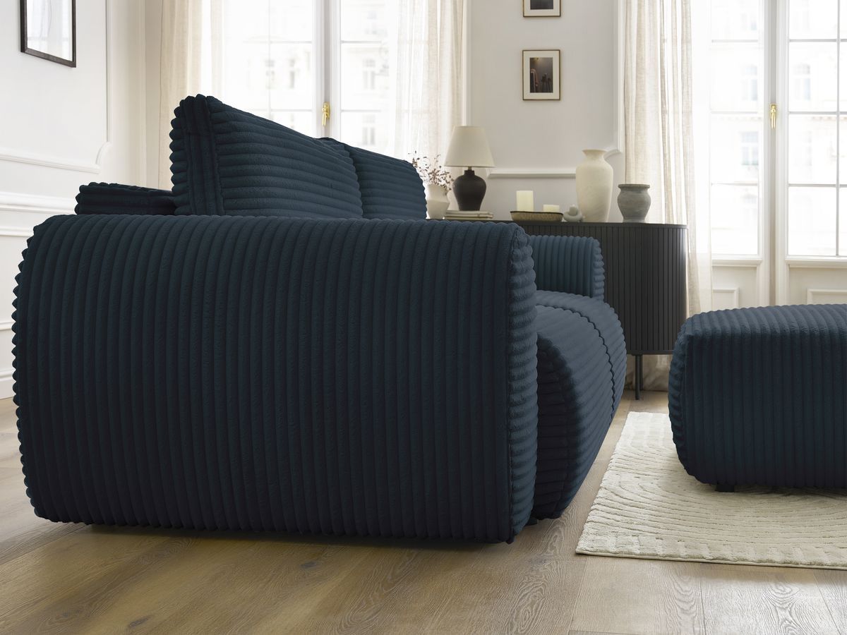 Bobochic Lucien Schlafsofa 4-Sitzer mit Bettkasten und Pouf Breitcord weich Dunkelblau