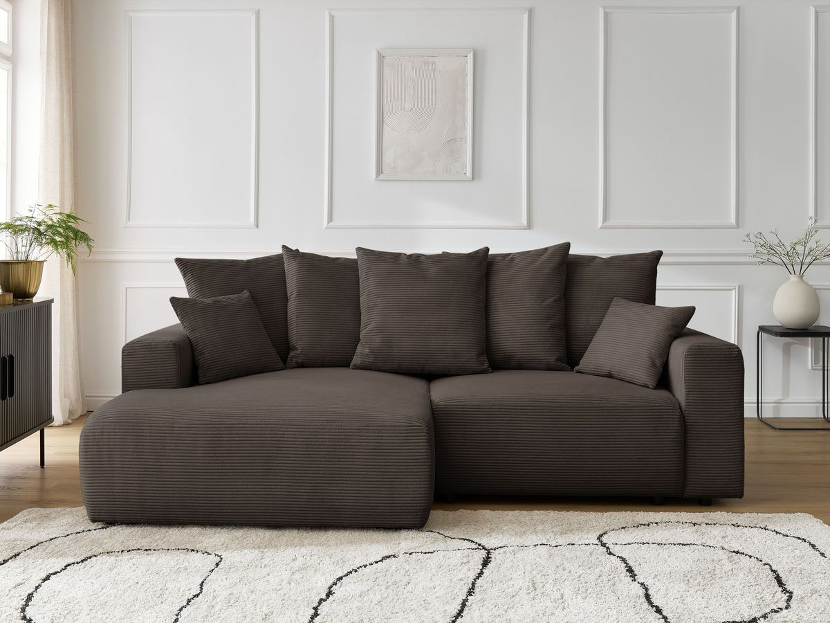 Bobochic Atilla Ecksofa mit Schlaffunktion und Bettkasten Cordsamt Taupe Ecke links