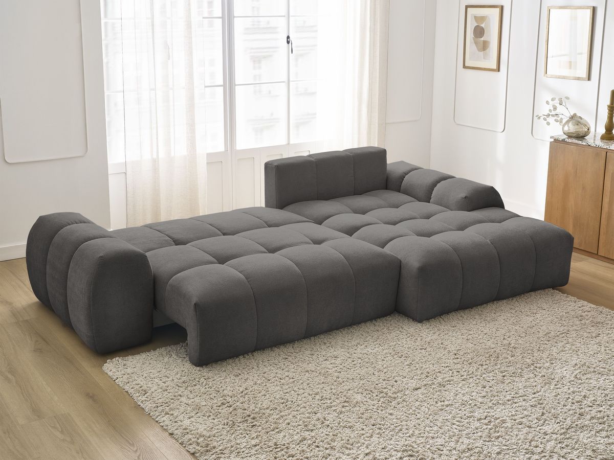 Bobochic Everest Ecksofa mit Schlaffunktion und Bettkasten 318 × 180 cm, 3 Kissen Strukturstoff Dunkelgrau Ecke rechts