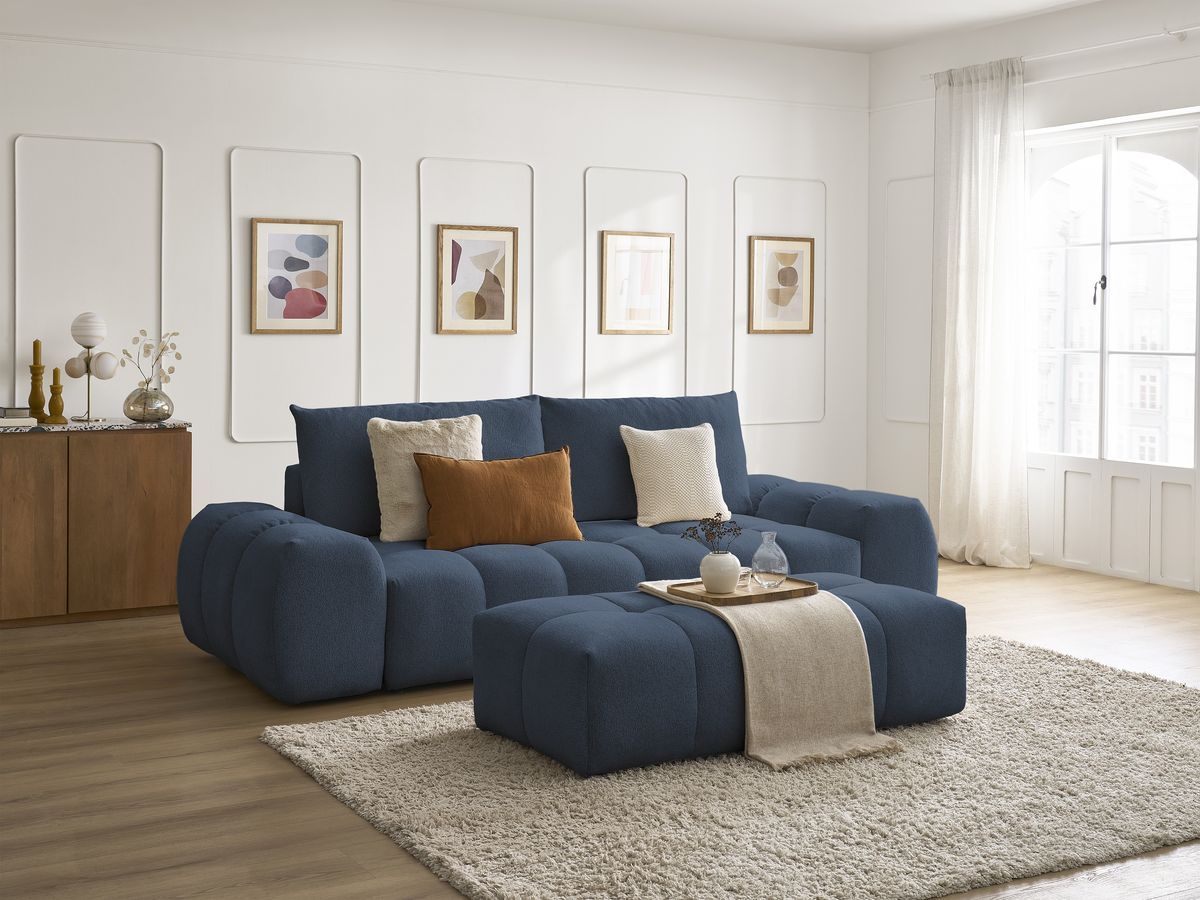 Bobochic Everest Sofa 3-Sitzer mit Pouf, 2 Kissen Melange-Stoff Dunkelblau