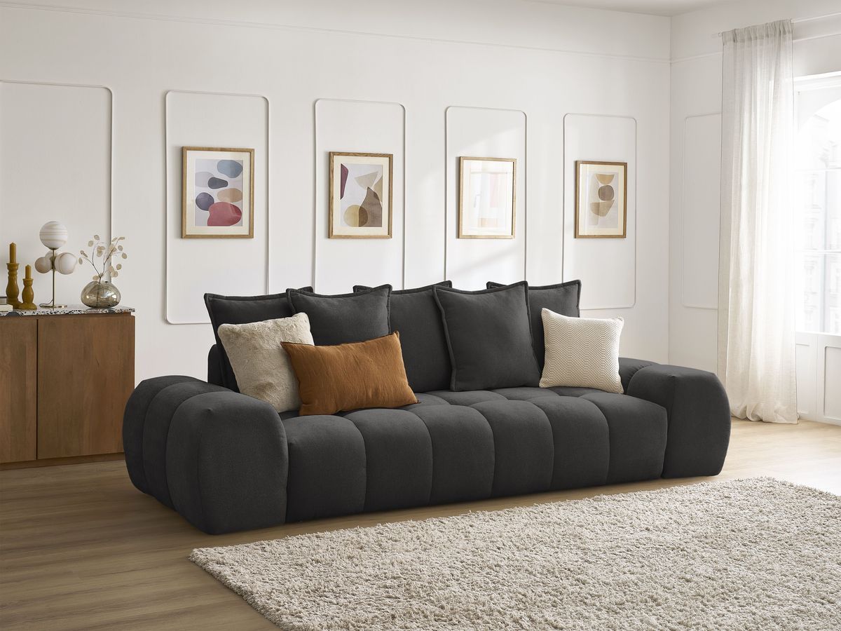 Bobochic Everest Schlafsofa 3-Sitzer mit Bettkasten, 5 Kissen Strukturstoff Schwarz