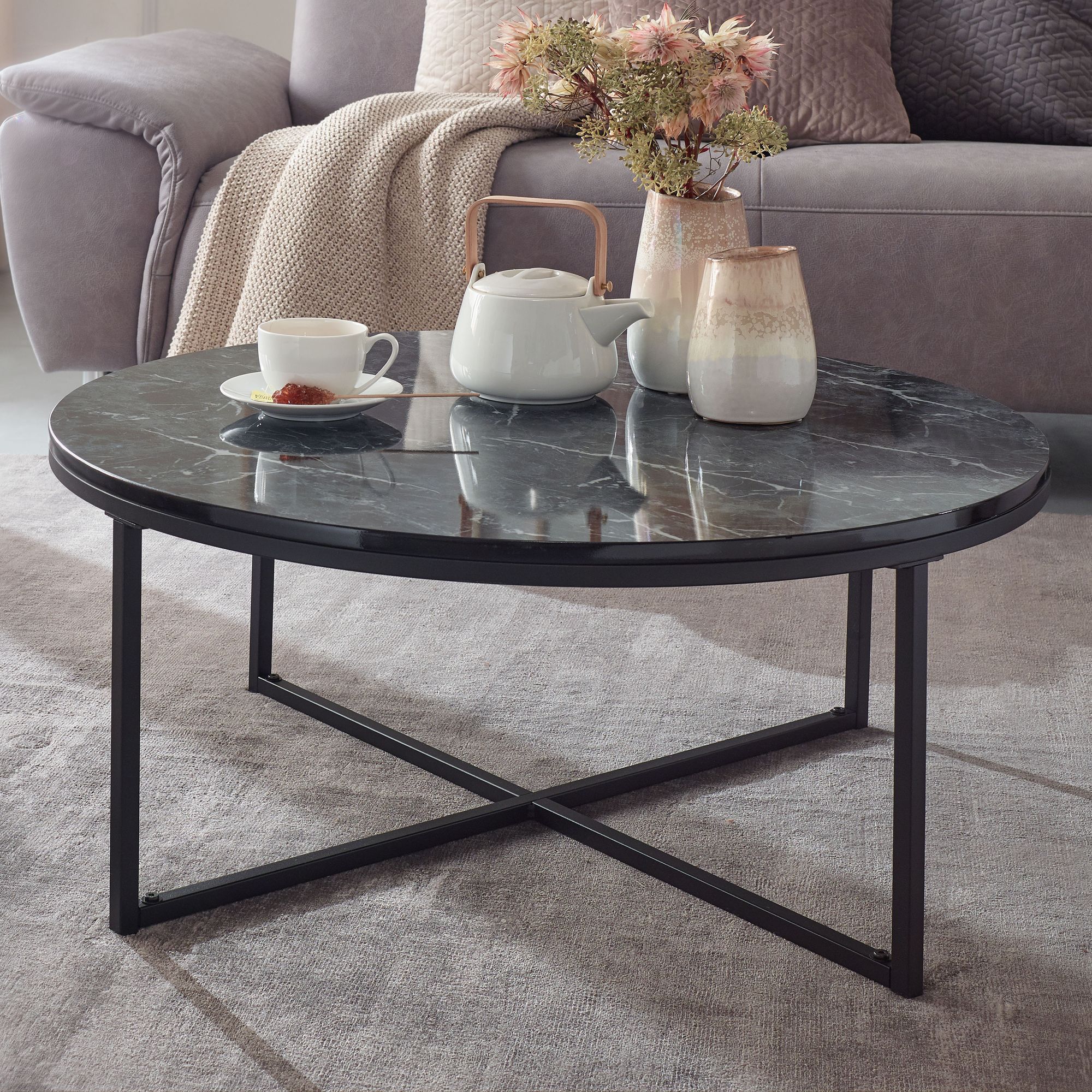 Couchtisch Fosna Marmoroptik Schwarz Ø 80 cm