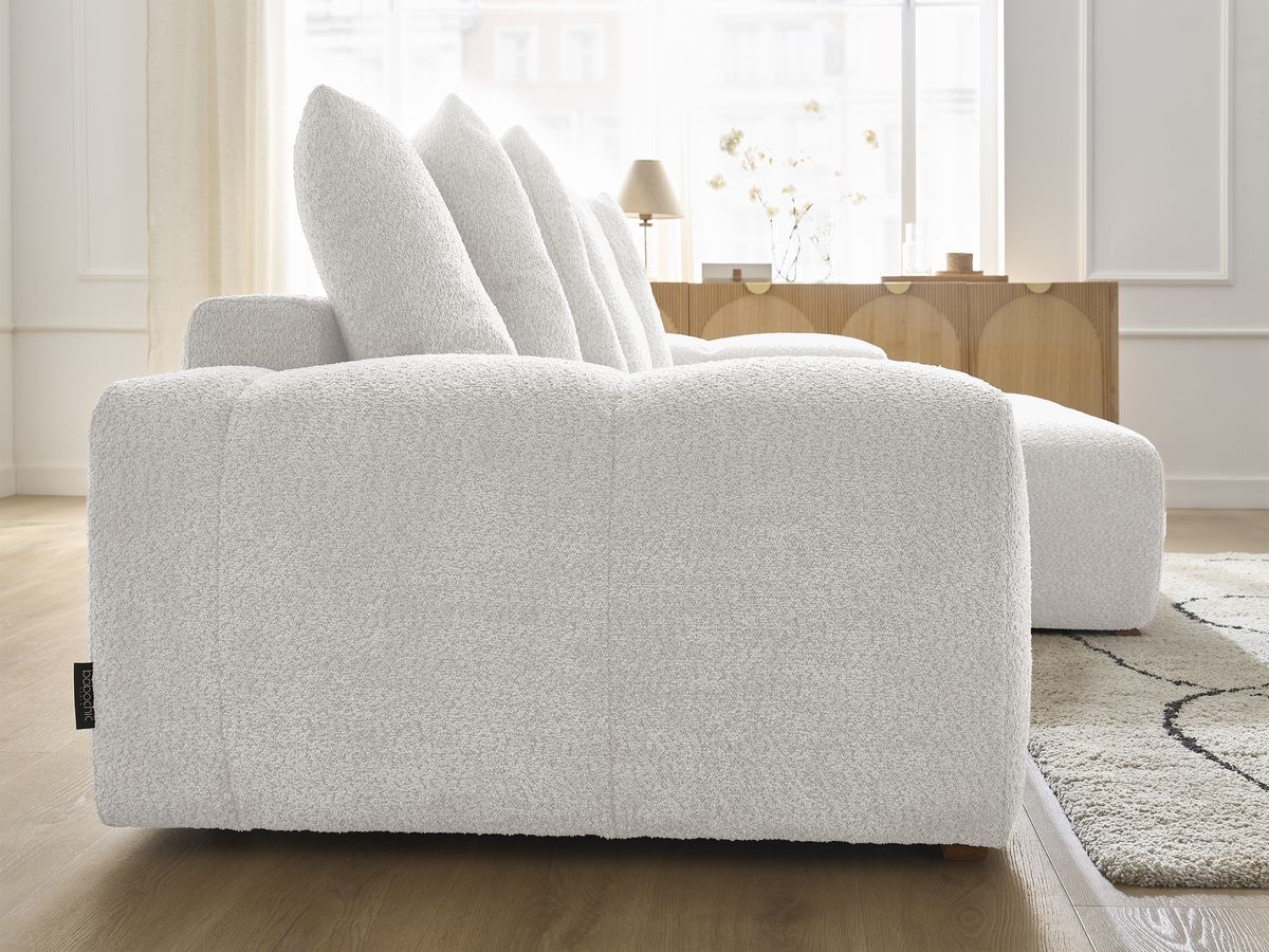 Bobochic Anakin Ecksofa, 6 Kissen Bouclé-Stoff Weiß