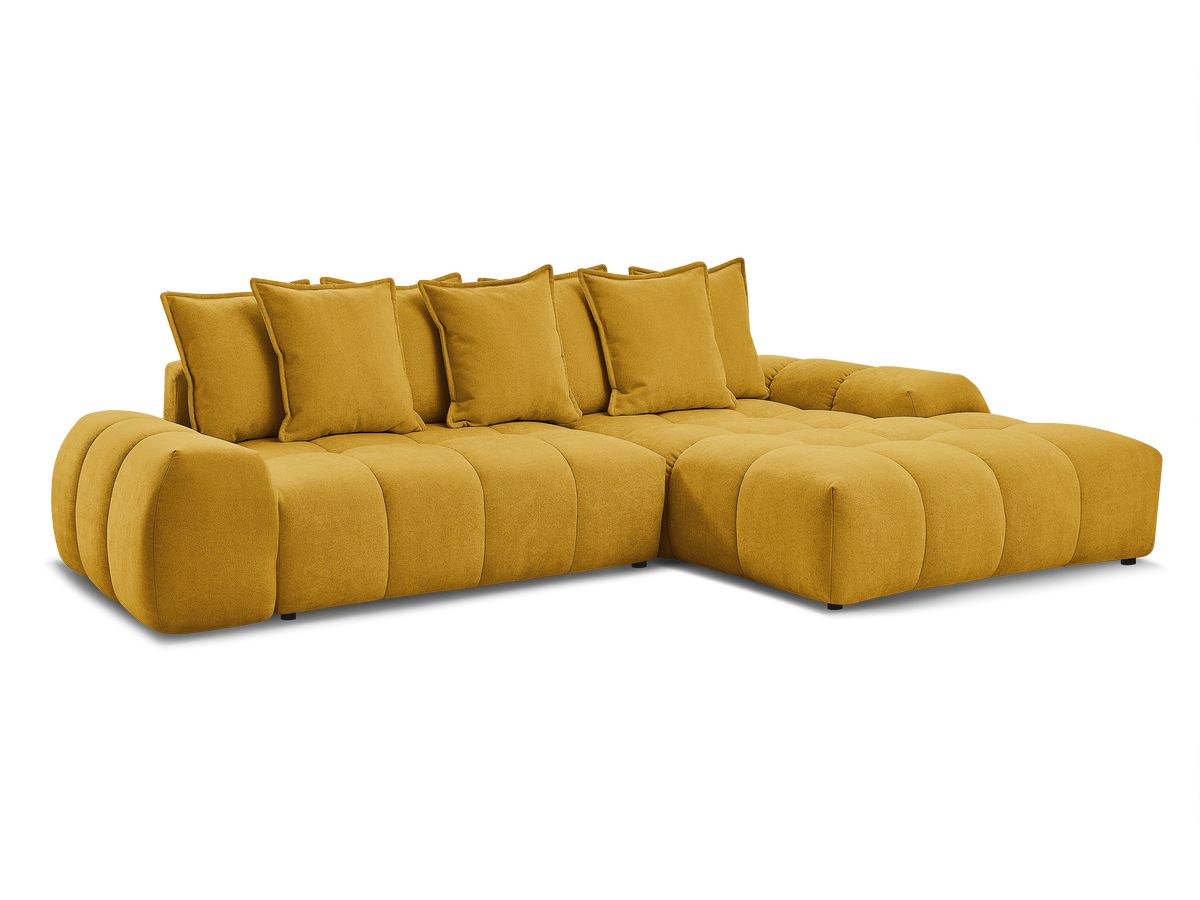 Bobochic Everest Ecksofa mit Schlaffunktion und Bettkasten 318 × 180 cm, 7 Kissen Strukturstoff Gelb Ecke rechts