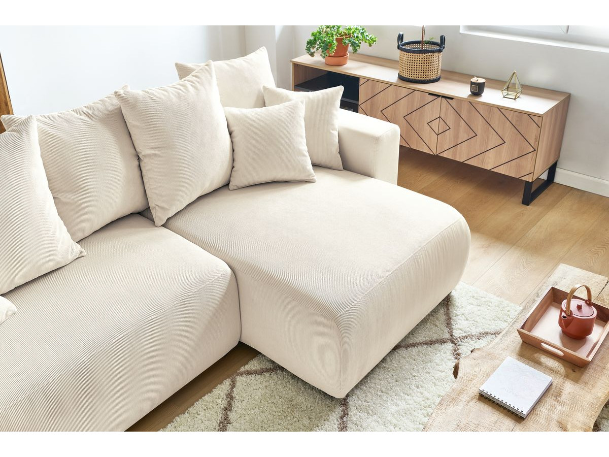 Bobochic Envy Ecksofa mit Schlaffunktion und Bettkasten und Pouf Cordsamt Beige