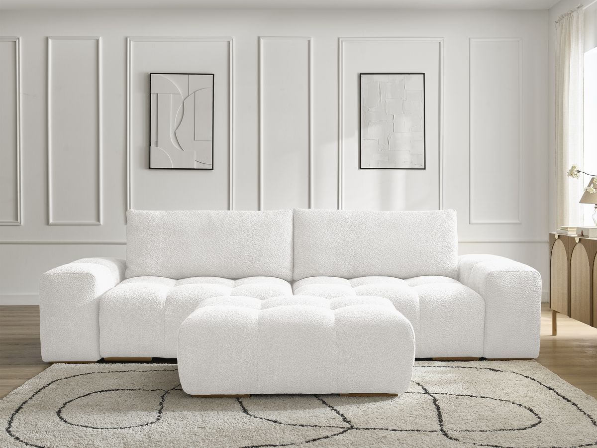 Bobochic Anakin Sofa 3-Sitzer mit Pouf, 2 Kissen Bouclé-Stoff Weiß
