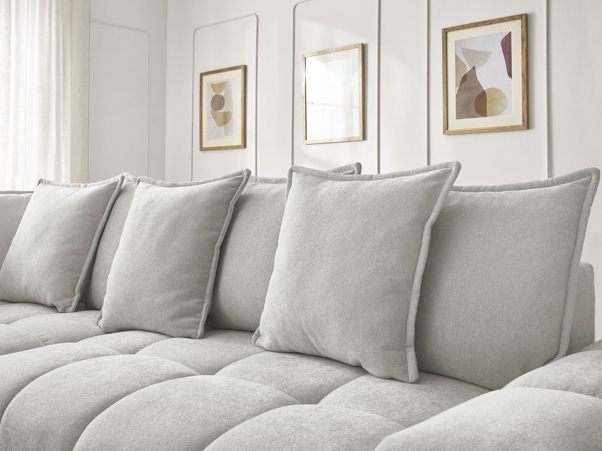 Bobochic Everest Ecksofa mit Schlaffunktion und Bettkasten 320 × 212 cm, 10 Kissen Strukturstoff Hellgrau Ecke links