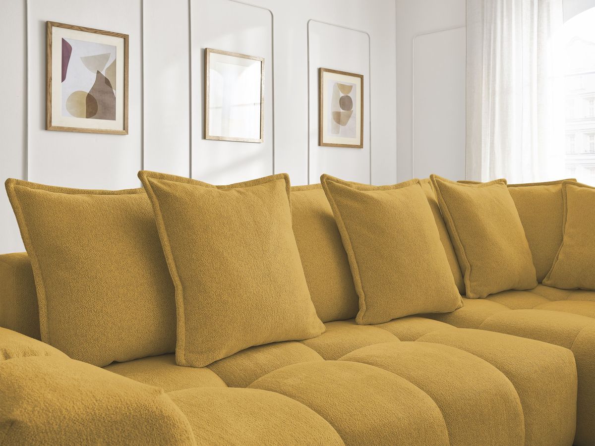 Bobochic Everest Ecksofa mit Schlaffunktion und Bettkasten 320 × 212 cm, 10 Kissen Melange-Stoff Gelb Ecke rechts
