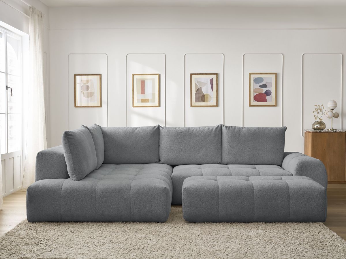 Bobochic Everest Ecksofa mit Schlaffunktion und Bettkasten und Pouf 320 × 212 cm, 5 Kissen Melange-Stoff Dunkelgrau Ecke links