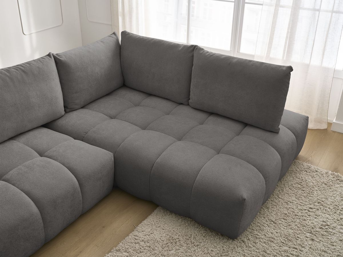 Bobochic Everest Ecksofa mit Schlaffunktion und Bettkasten 320 × 212 cm, 5 Kissen Strukturstoff Dunkelgrau Ecke rechts
