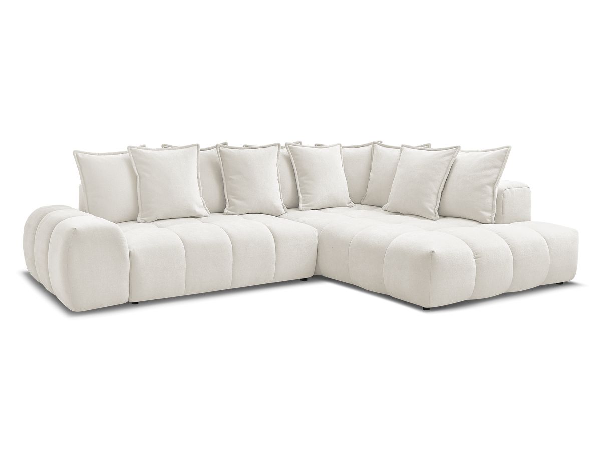 Bobochic Everest Ecksofa mit Schlaffunktion und Bettkasten 320 × 212 cm, 10 Kissen Strukturstoff Weiß Ecke rechts