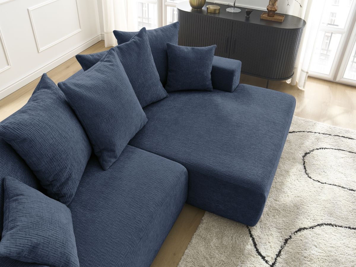 Bobochic Atilla Ecksofa mit Schlaffunktion und Bettkasten Strukturstoff Dunkelblau Ecke rechts