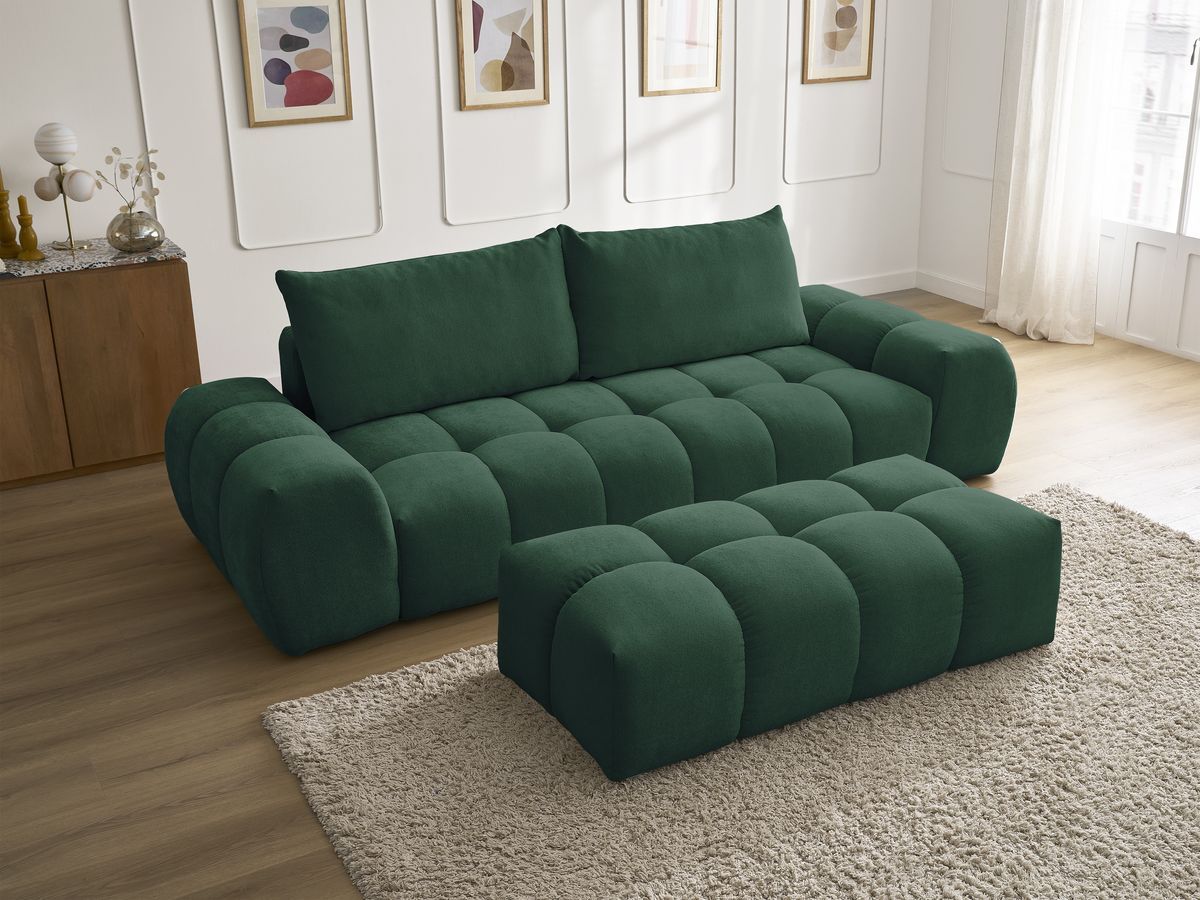 Bobochic Everest Sofa 3-Sitzer mit Pouf, 2 Kissen Strukturstoff Grün