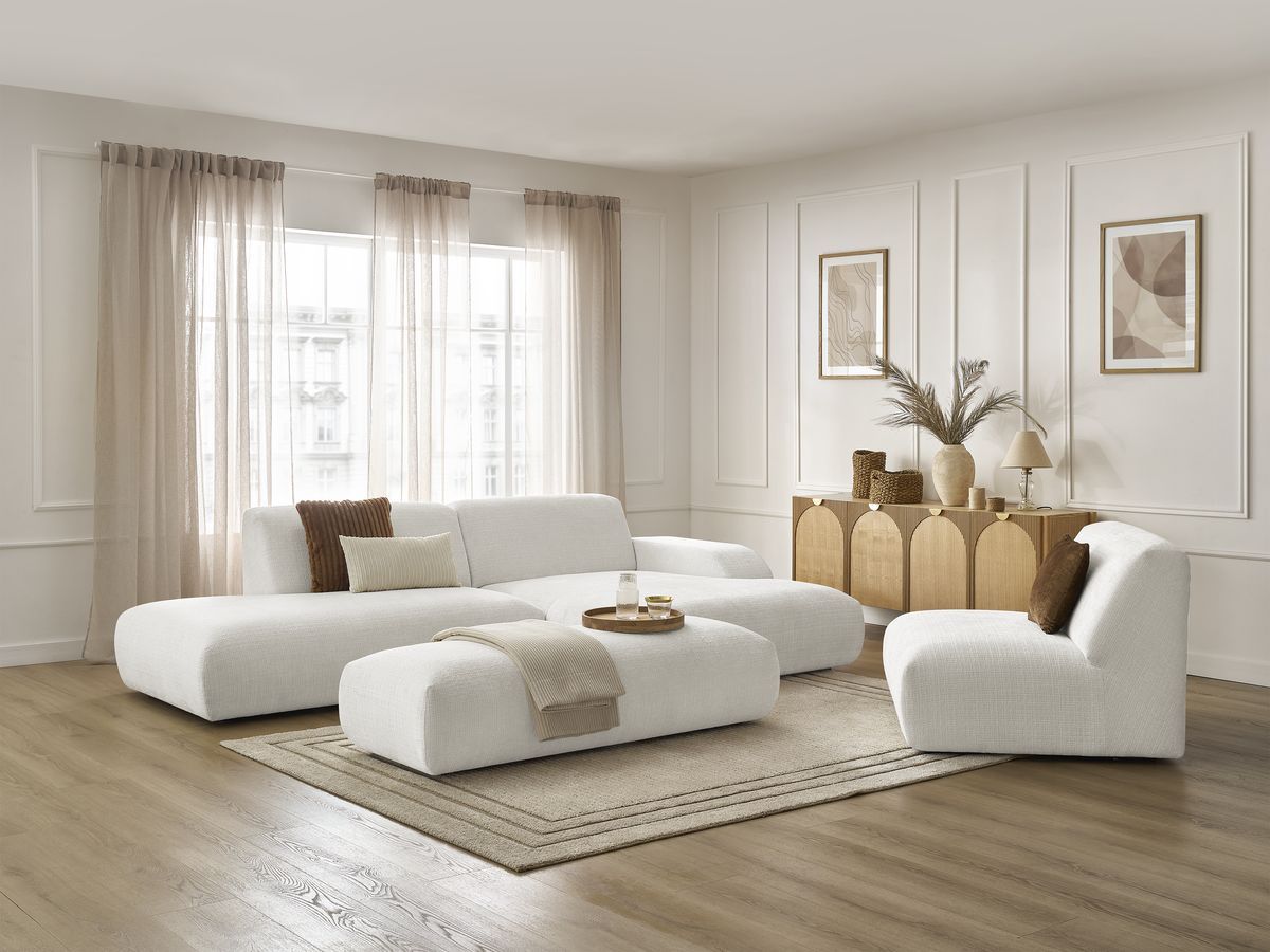 Bobochic Sirius Ecksofa mit Pouf 405 × 170 cm Strukturstoff Weiß Ecke rechts