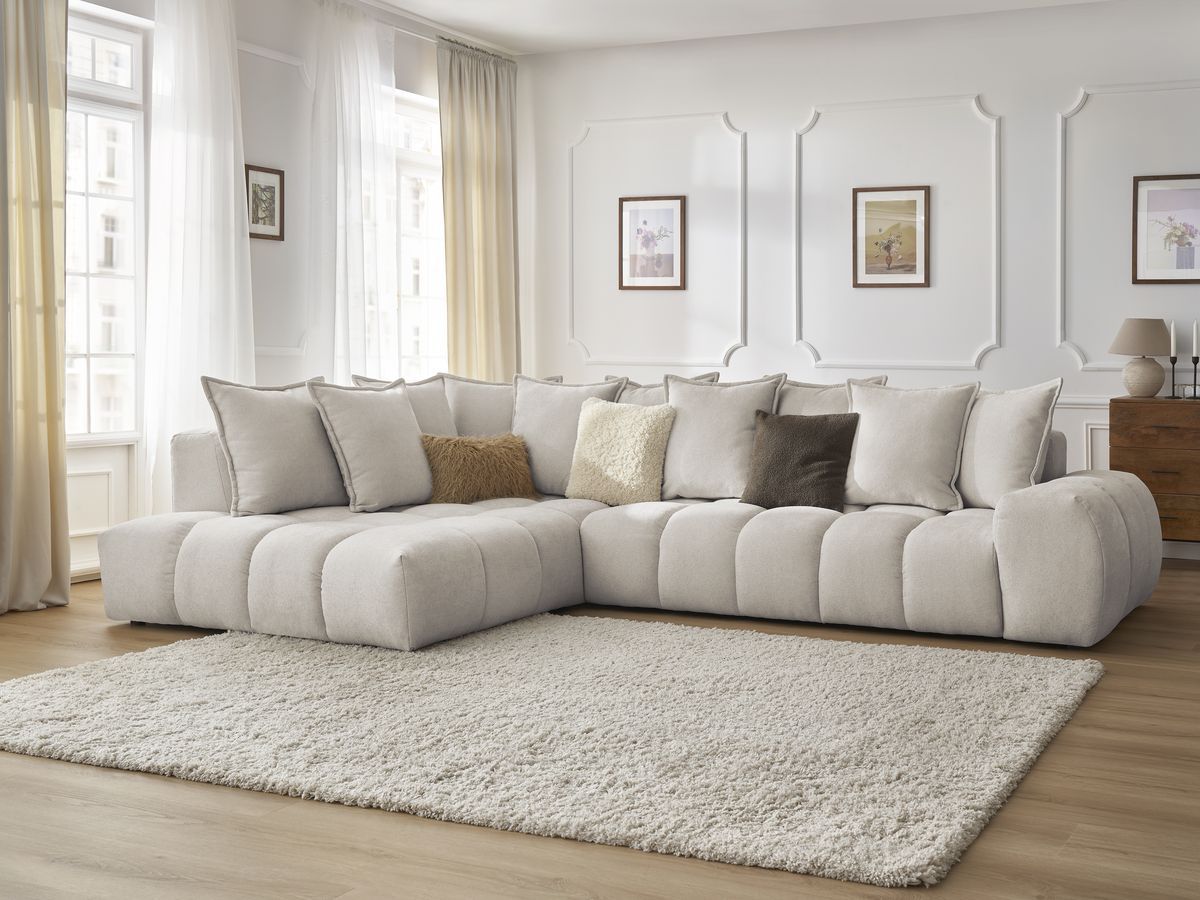Bobochic Everest Ecksofa, 10 Kissen Strukturstoff Beige Ecke links