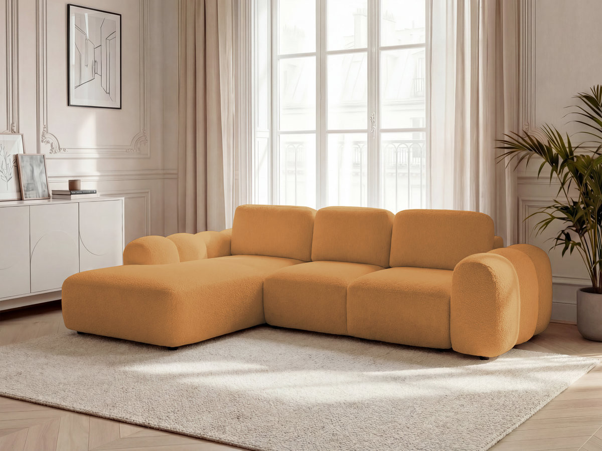 Bobochic Montaigne Ecksofa mit Schlaffunktion und Bettkasten 288 × 196 cm Bouclé-Stoff Gelb Ecke links