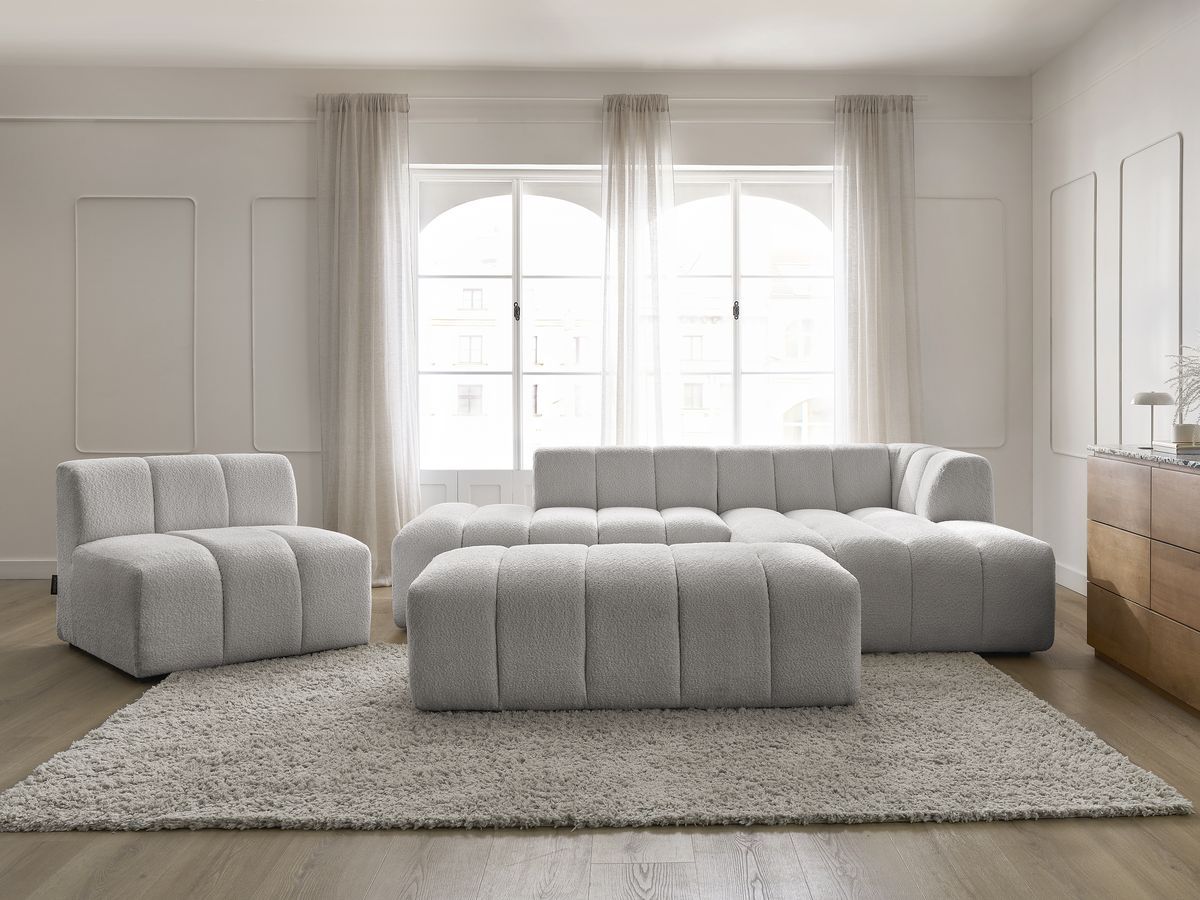 Bobochic Annecy Ecksofa mit Sofamodul und Pouf Bouclé-Stoff Hellgrau Ecke rechts