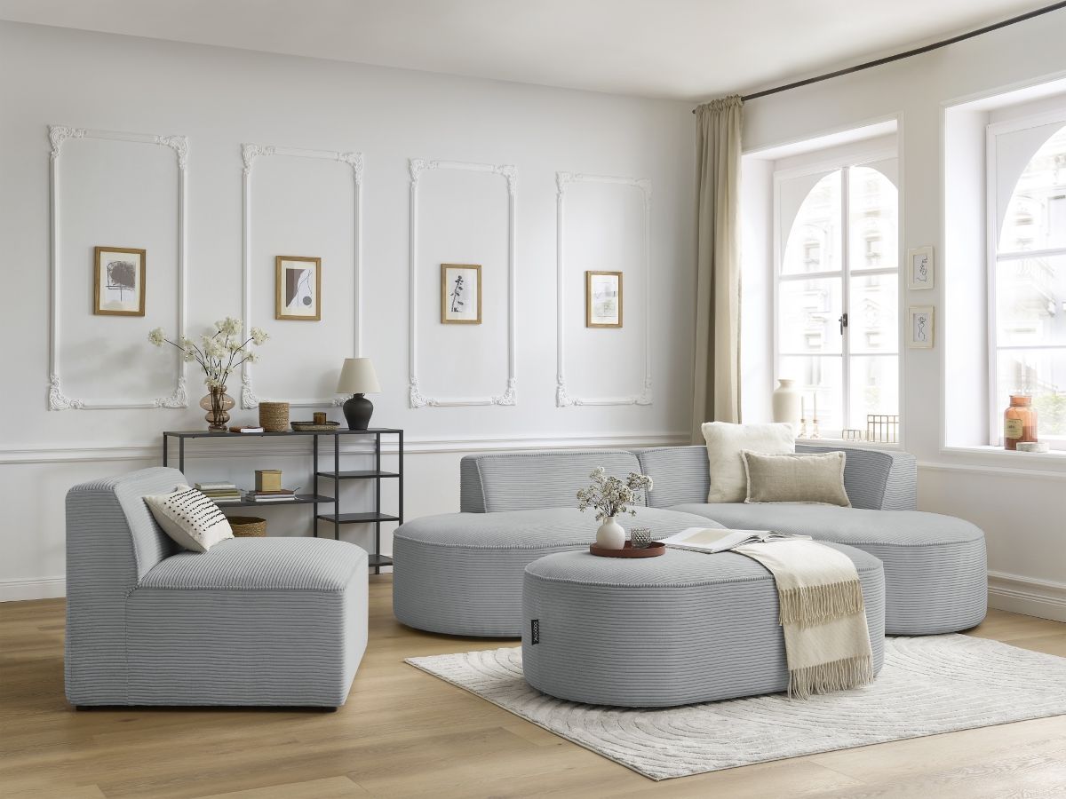 Bobochic Rousseau Ecksofa mit Sofamodul und Pouf Cordsamt Hellgrau Ecke rechts