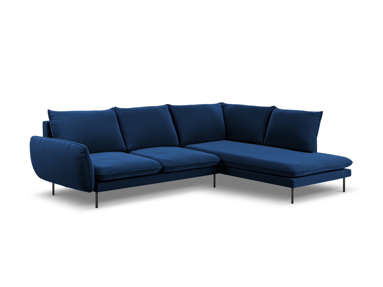 Cosmopolitan Design Ecksofa Vienna 6-Sitzer Samt Bluvel Königsblau Rechts Beine Schwarzes Metall