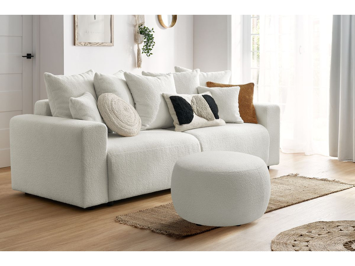Bobochic Envy Schlafsofa 3-Sitzer mit Bettkasten und rundem Pouf Bouclé-Stoff Weiß
