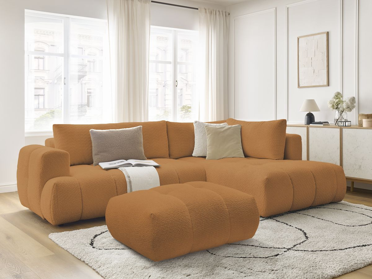 Bobochic Fuji Ecksofa mit Schlaffunktion und Bettkasten und Pouf 282 × 204 cm Bouclé-Stoff Gelb Ecke rechts