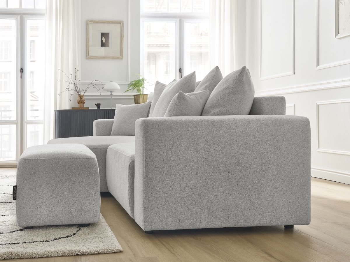 Bobochic Atilla Ecksofa mit Schlaffunktion und Bettkasten und Pouf Melange-Stoff Hellgrau Ecke links