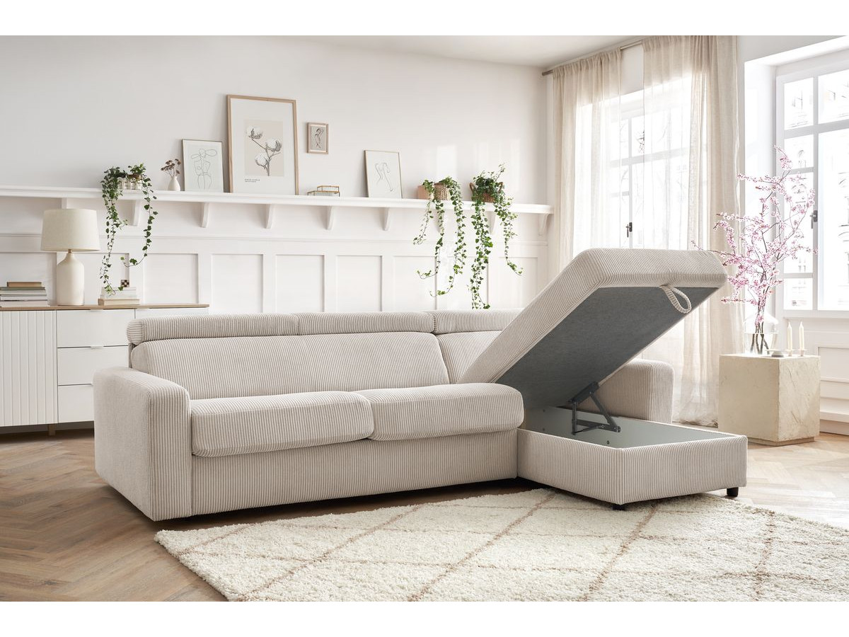 Bobochic Monaco Ecksofa mit Schlaffunktion und Bettkasten Cordsamt Beige, Liegefläche 140 × 190 cm