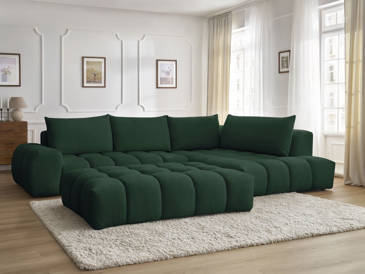 Bobochic Everest Ecksofa mit Schlaffunktion und Pouf, 4 Kissen Strukturstoff Grün Ecke rechts