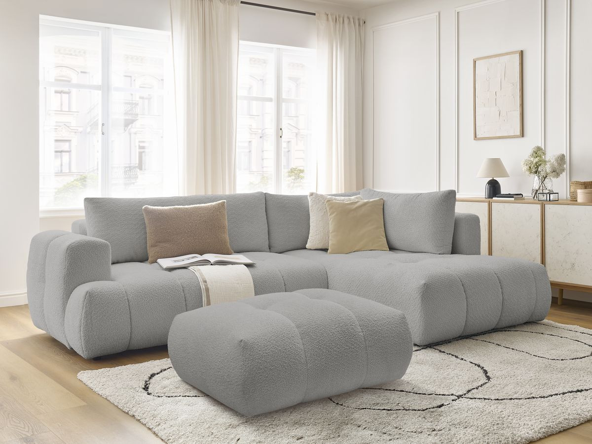 Bobochic Fuji Ecksofa mit Schlaffunktion und Bettkasten und Pouf 282 × 204 cm Bouclé-Stoff Hellgrau Ecke rechts