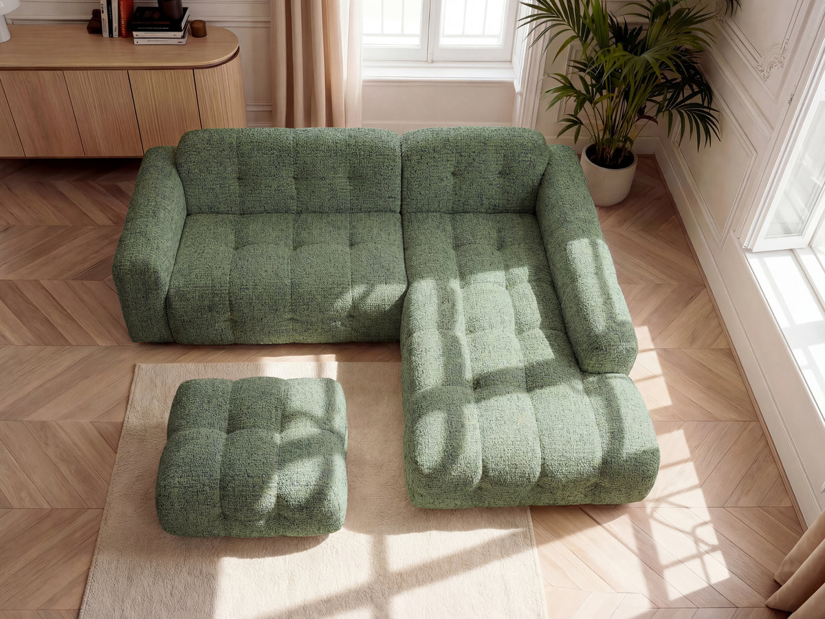 Bobochic Laura Ecksofa mit kleinem Pouf Melange-Stoff Hellgrün Ecke rechts