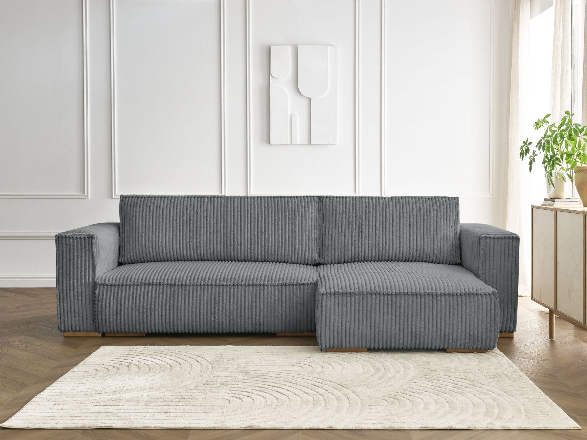 Bobochic Chelsea Ecksofa mit Schlaffunktion und Bettkasten Breitcord weich Dunkelgrau