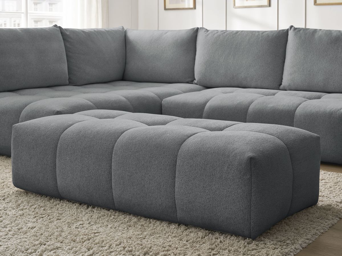 Bobochic Everest Ecksofa mit Schlaffunktion und Bettkasten und Pouf 320 × 212 cm, 5 Kissen Melange-Stoff Dunkelgrau Ecke links