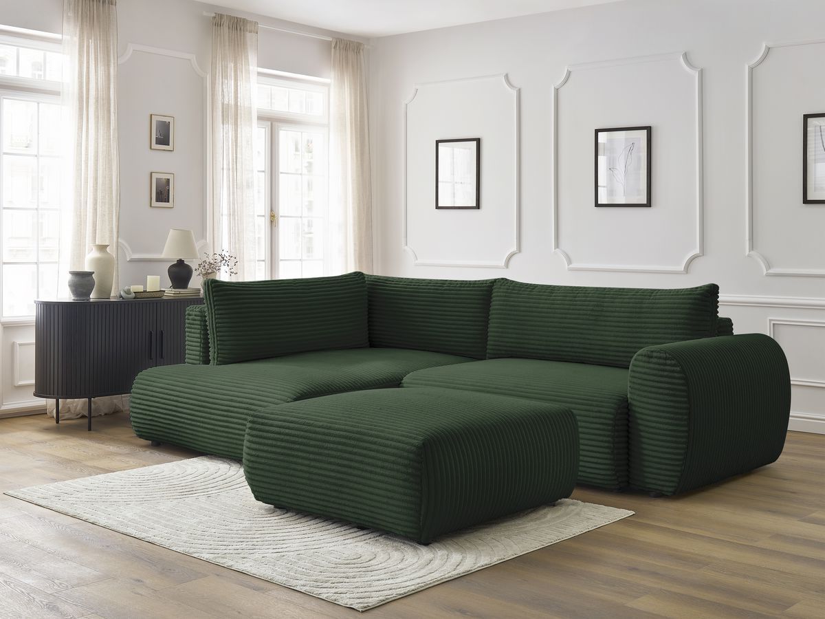 Bobochic Lucien Ecksofa mit Schlaffunktion und Bettkasten und Pouf 296 × 198 cm Breitcord weich Grün Ecke links