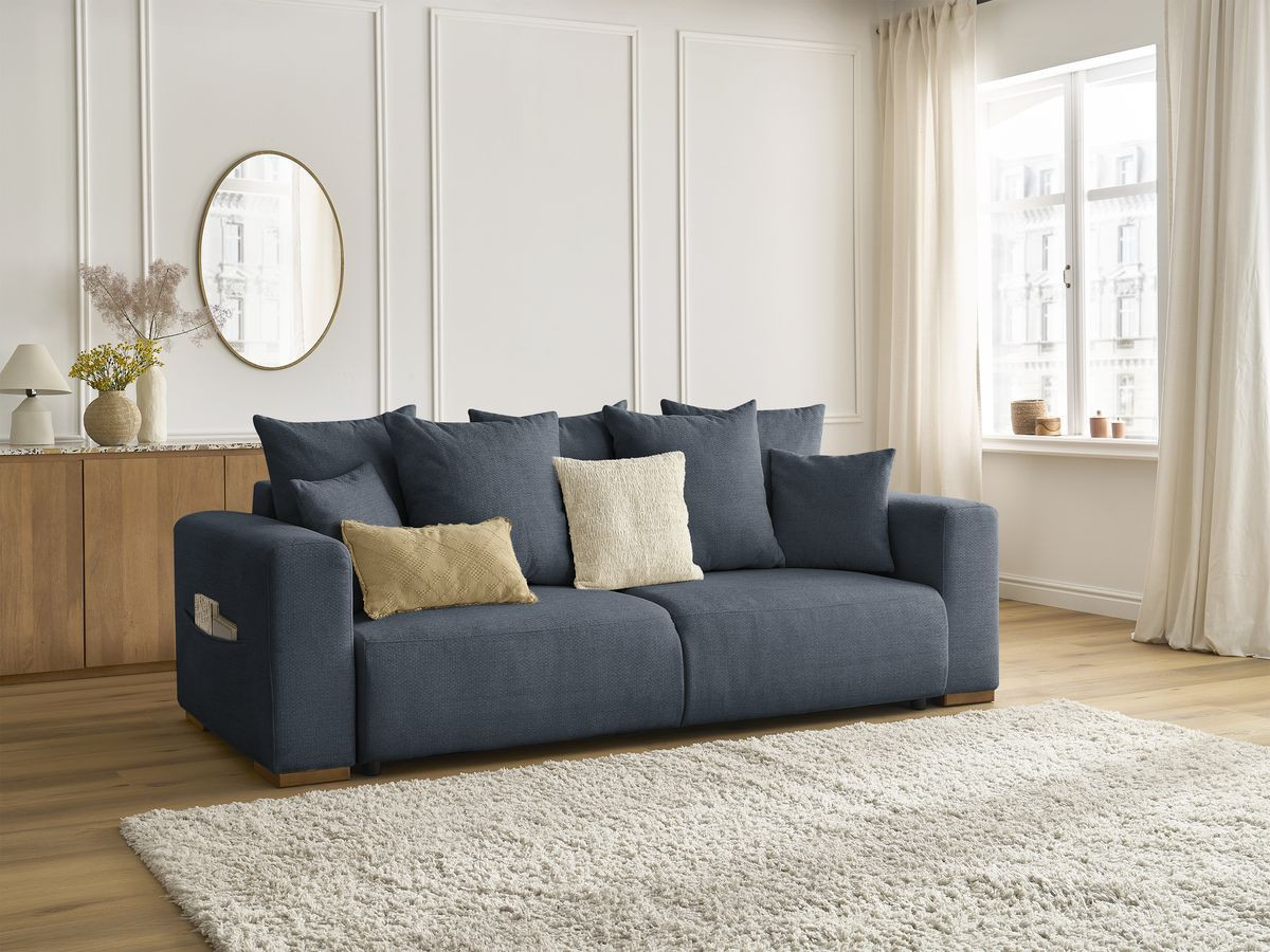 Bobochic Sidonie Schlafsofa 3-Sitzer mit Bettkasten Melange-Stoff Dunkelblau