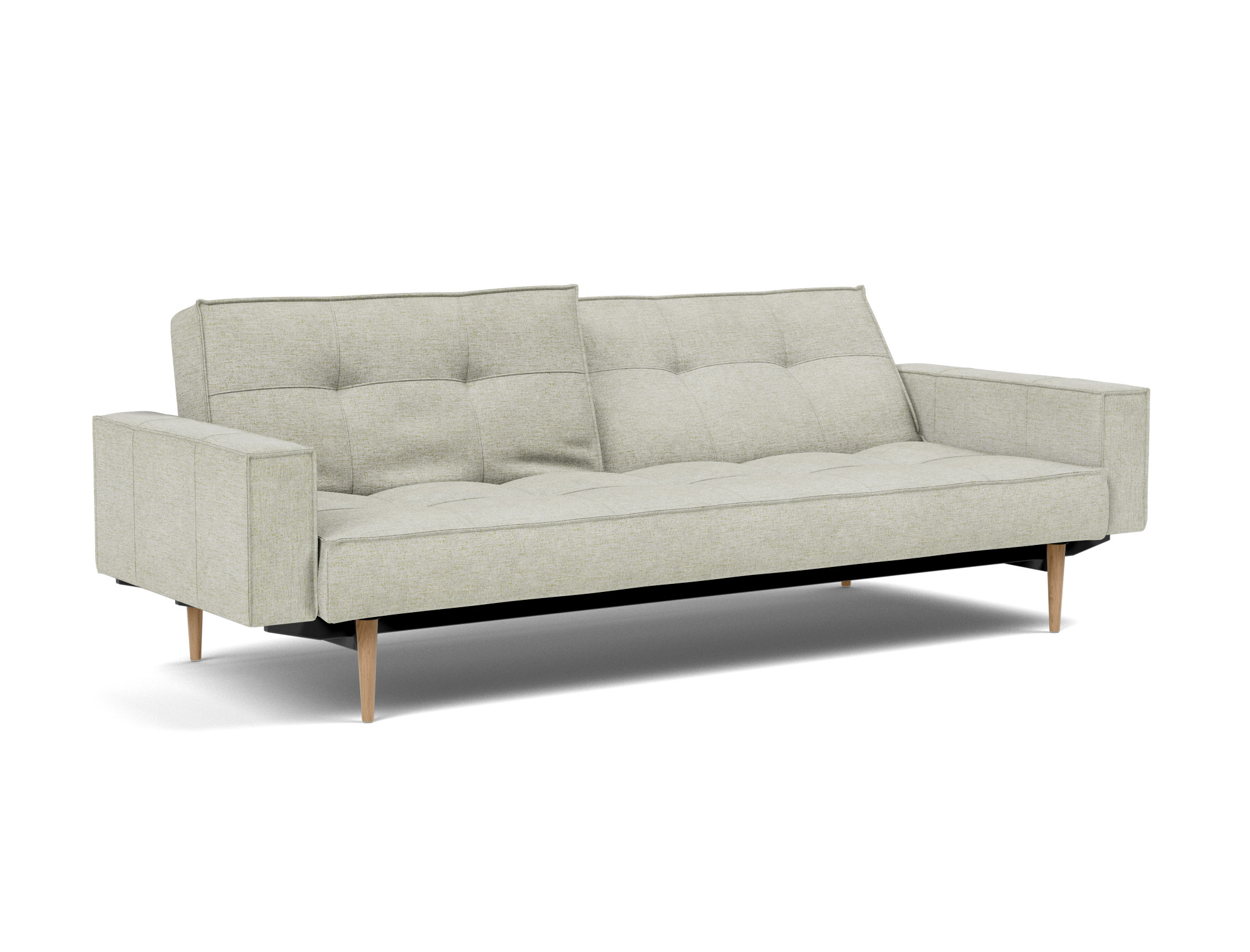 Schlafsofa Splitback mit Armlehnen Flachgewebe Avella 280-Sand Beine Styletto Eiche hell