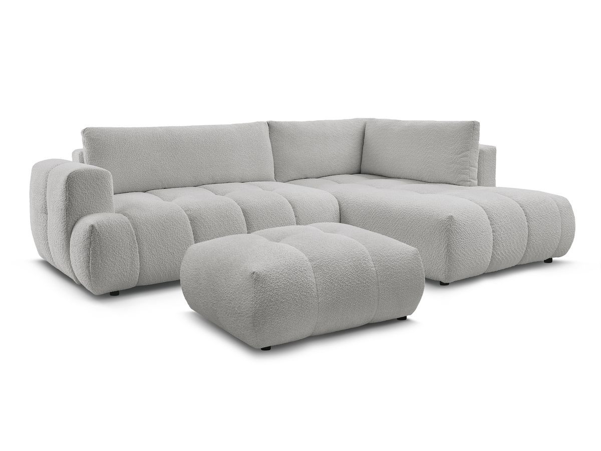 Bobochic Fuji Ecksofa mit Schlaffunktion und Bettkasten und Pouf 282 × 204 cm Bouclé-Stoff Hellgrau Ecke rechts