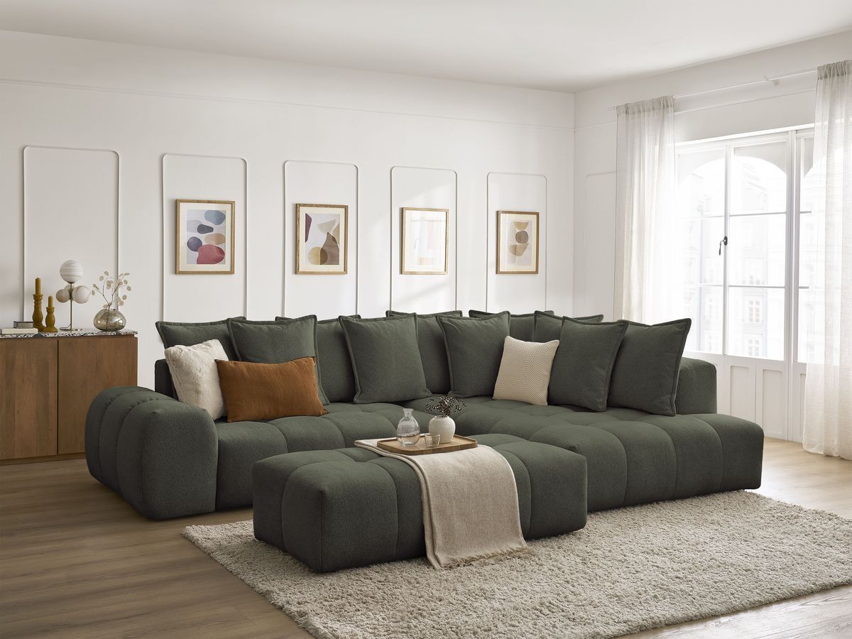 Bobochic Everest Ecksofa mit Schlaffunktion und Bettkasten und Pouf 320 × 212 cm, 10 Kissen Melange-Stoff Grün Ecke rechts