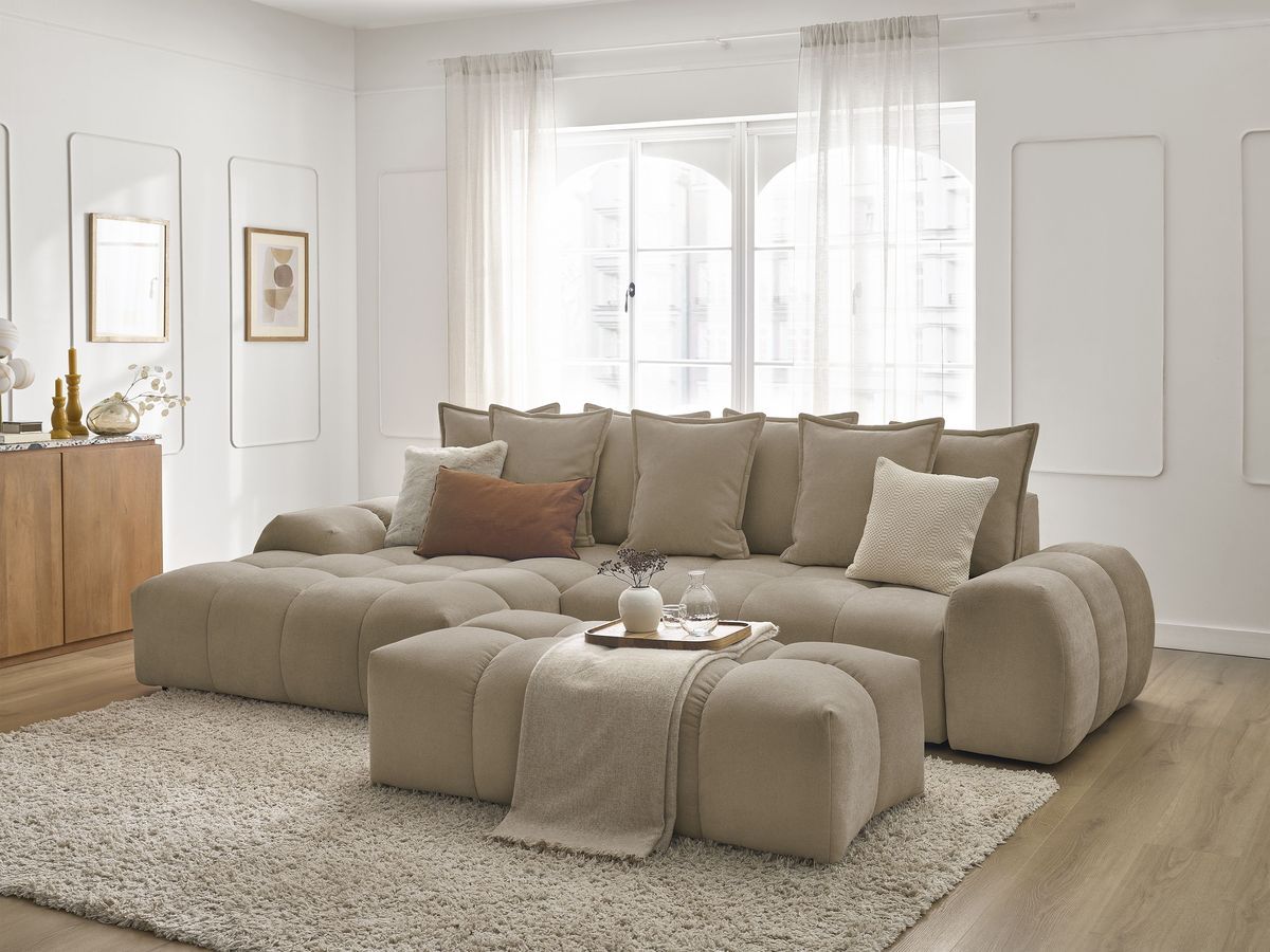 Bobochic Everest Ecksofa mit Schlaffunktion und Bettkasten und Pouf 318 × 180 cm, 7 Kissen Strukturstoff Taupe Ecke links