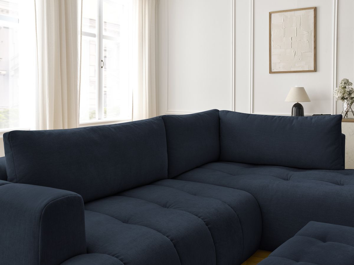 Bobochic Fuji Ecksofa mit Schlaffunktion und Bettkasten und Pouf 282 × 204 cm Stoff Dunkelblau Ecke rechts