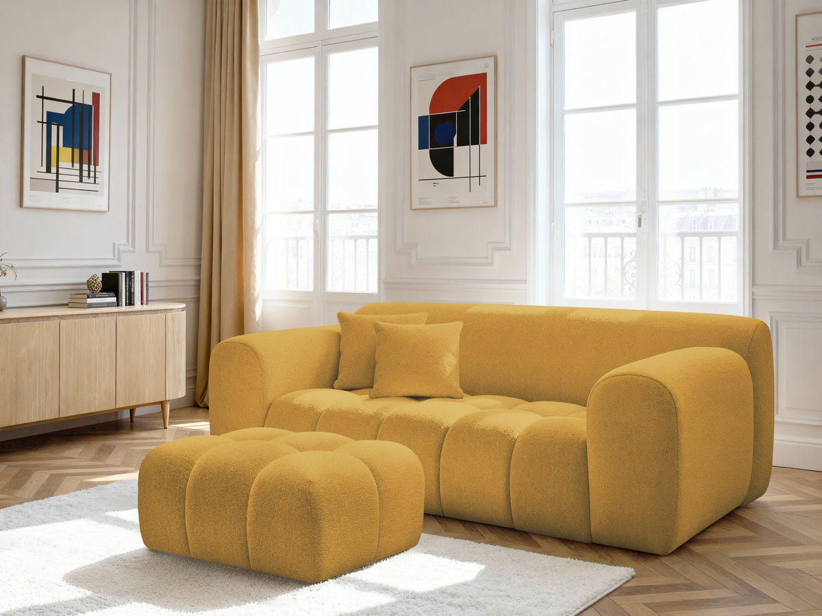 Bobochic Melisse Sofa 2-Sitzer mit Pouf Melange-Stoff Gelb