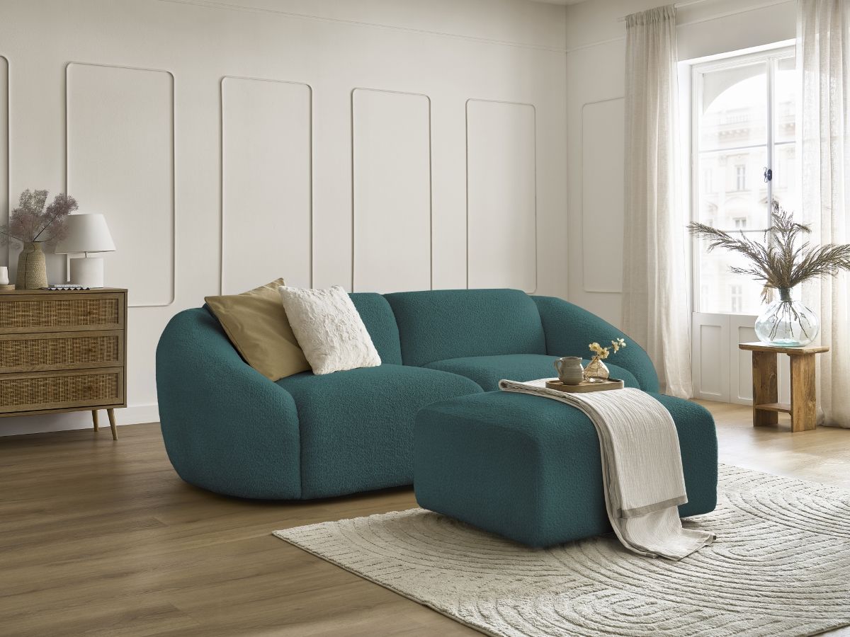 Bobochic Tina Sofa 4-Sitzer mit Pouf Bouclé-Stoff Hellblau
